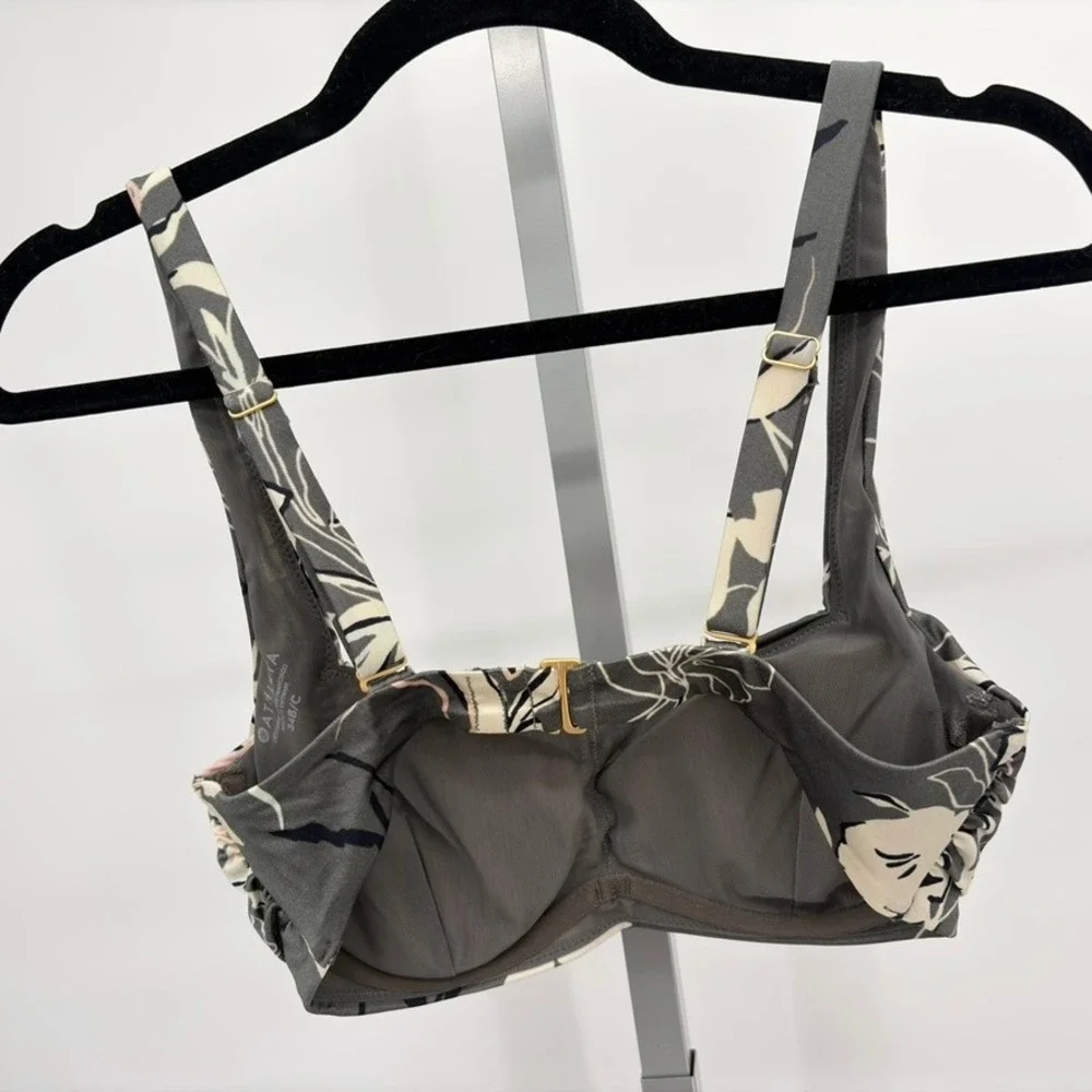 Athleta Floral Padded Bra Top‎ Womens 34B/C Gray Strappy Swim Yoga Tank